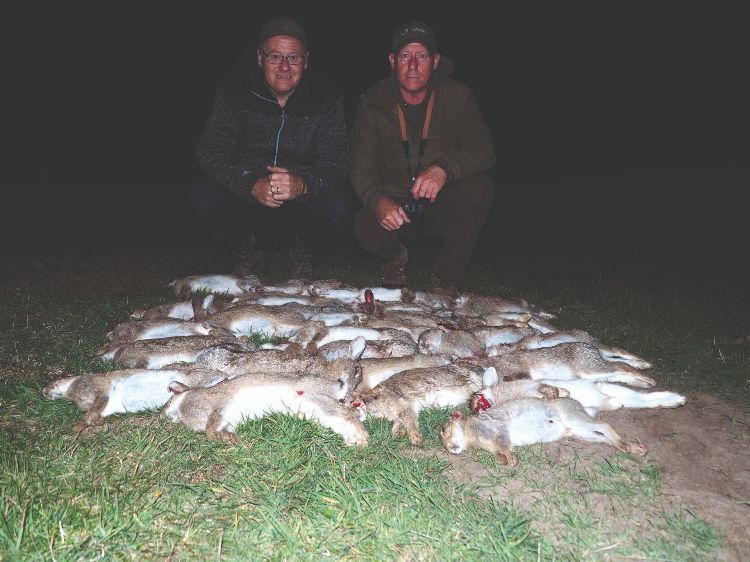Two men with a collection of rabbits shot using air rifles for pest control